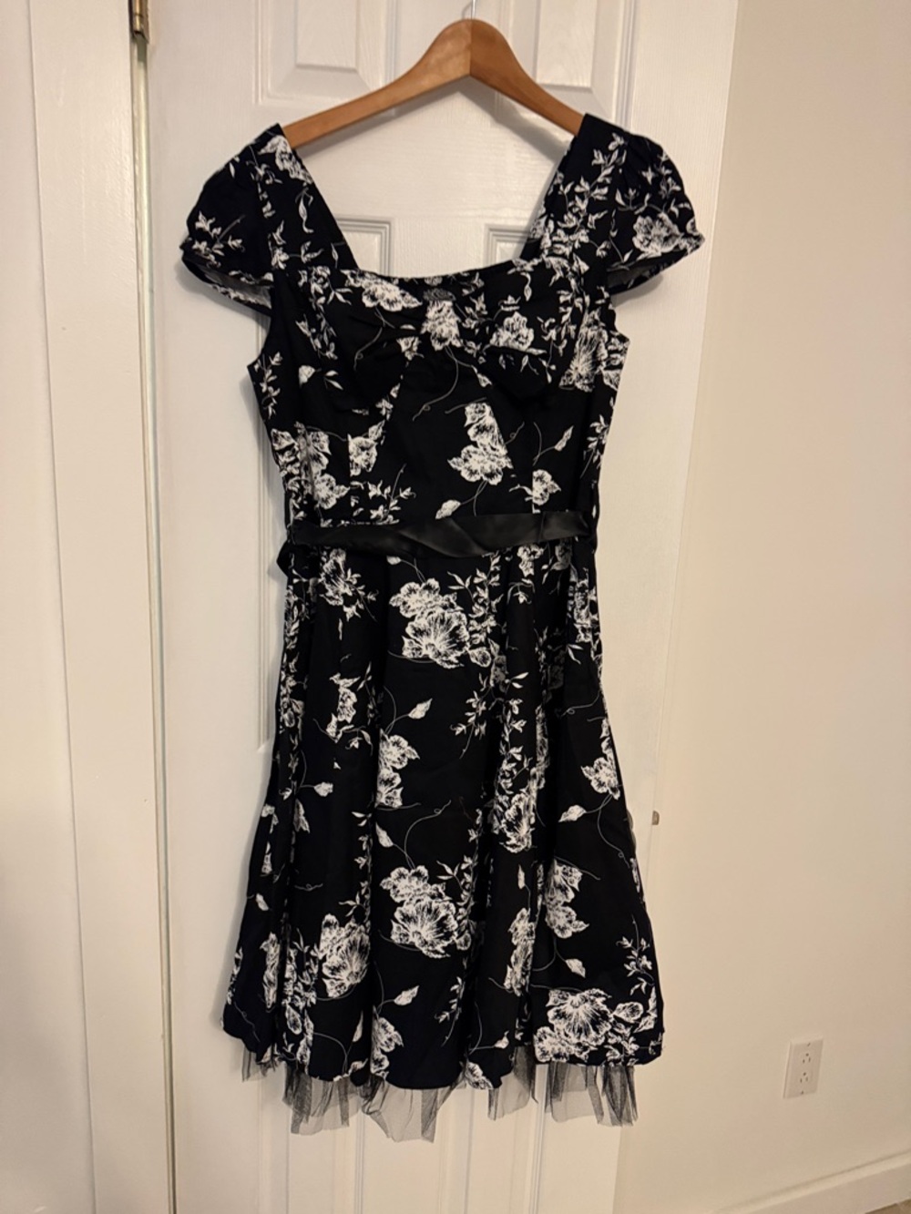 Black & White Floral Fit-and-Flare Dress with Tulle Hem